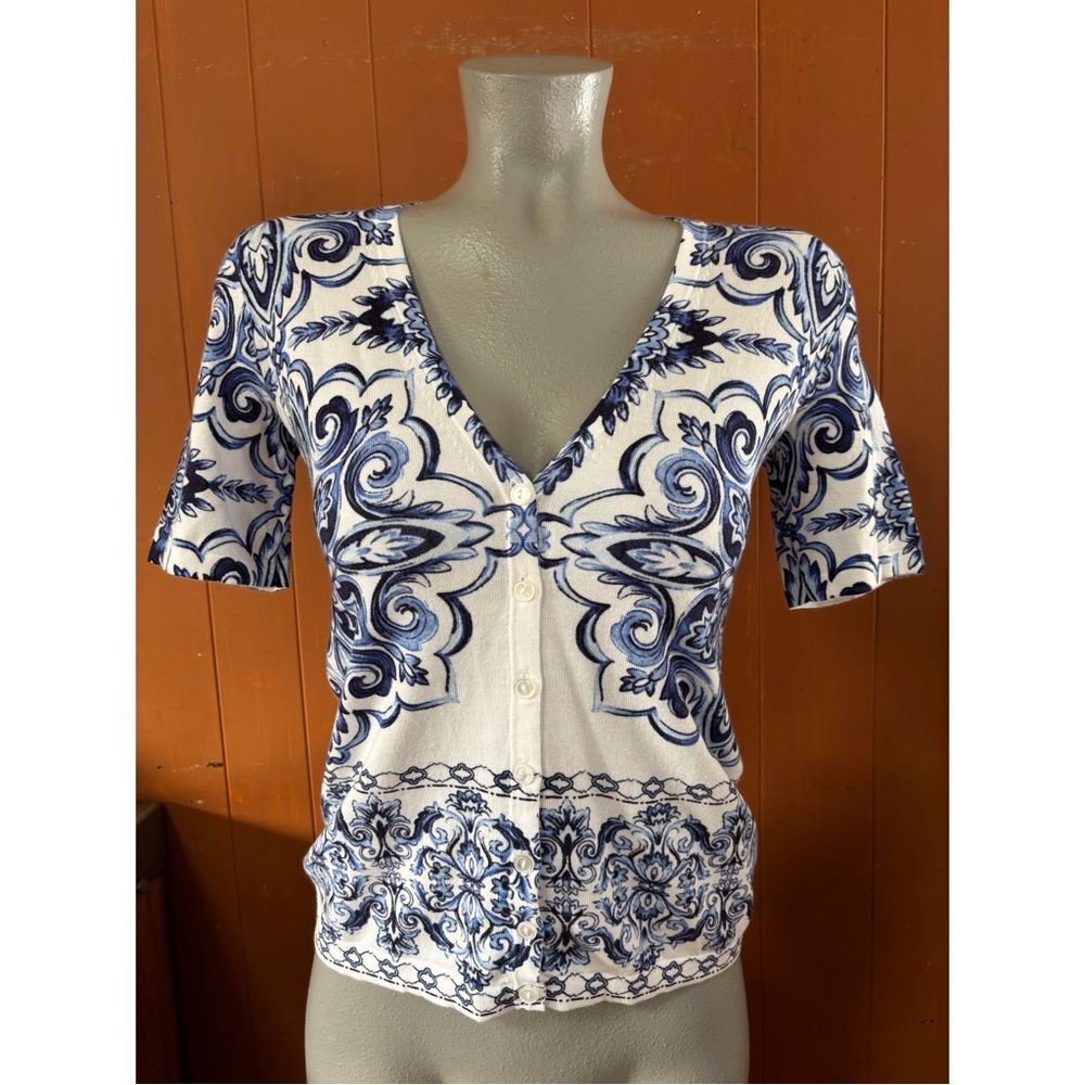 NWT Talbots Petites Short Sleeve Cardigan Blue White P